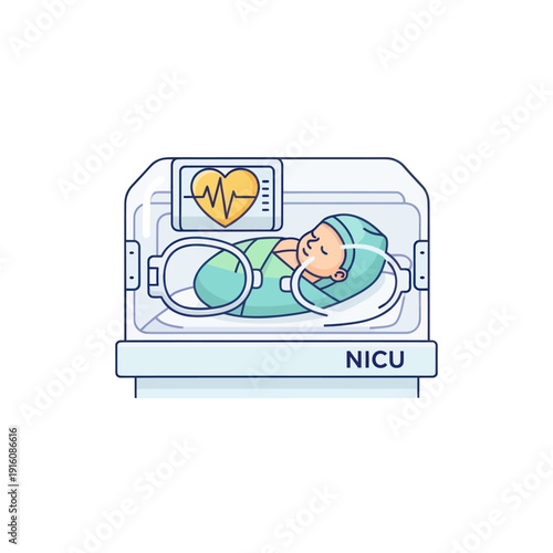 Newborn baby sleeping in NICU incubator with heart monitor