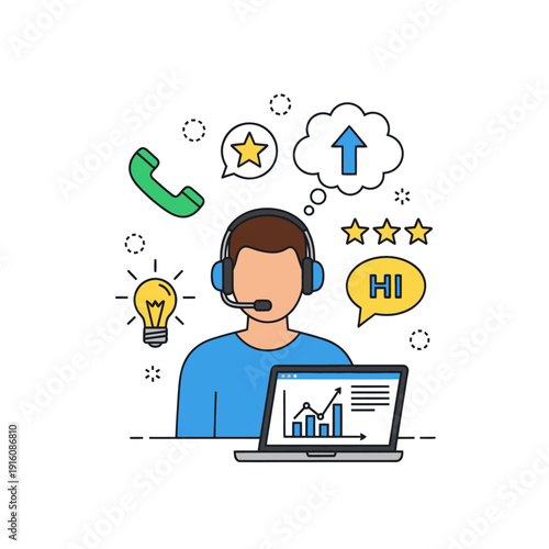 Online customer service representative with headset, laptop, and communication icons