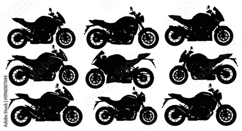 Collection of nine black motorcycle silhouettes on a white background.