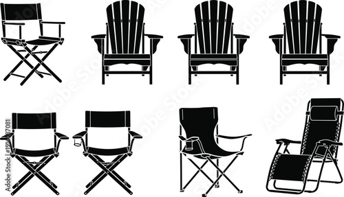 Black camping and outdoor chair silhouettes set, folding director chair, Adirondack wooden seat, portable beach recliner isolated on white background