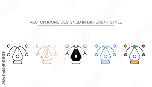 Pen Tool icon set in different style with white background illustration