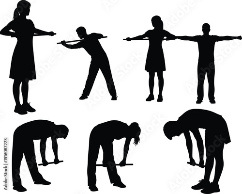 Children exercise silhouettes set, kids stretching and warm up poses with bar, fitness training and physical activity isolated on white background
