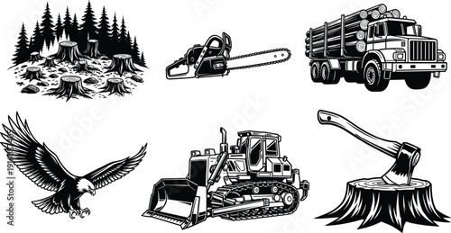Logging industry and deforestation illustration set, chainsaw, timber truck, bulldozer, axe and forest clearing silhouettes isolated on white