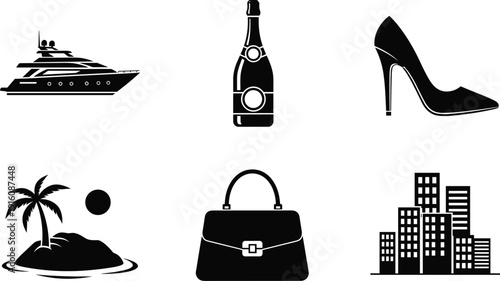 Luxury lifestyle icon set, yacht, champagne bottle, high heel shoe, tropical island, handbag and city skyline silhouettes isolated on white