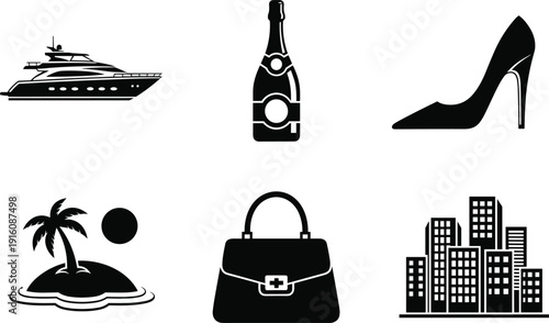 Luxury lifestyle silhouette icons set, yacht, champagne bottle, high heel shoe, tropical island, handbag and city skyline isolated on white