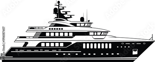Luxury super yacht silhouette vector illustration, modern private cruise ship, premium marine vessel isolated on white background