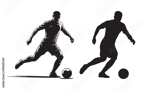 Silhouette vector illustration of two soccer players kicking a ball