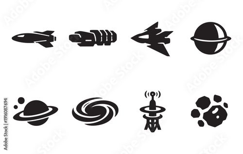 Space Icons Set Vector Illustration Featuring Spaceships Planets and Galaxies