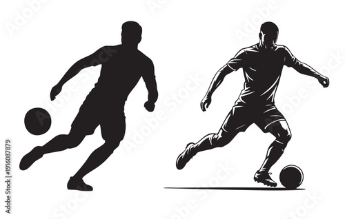 Silhouette vector illustration of two soccer players kicking a ball