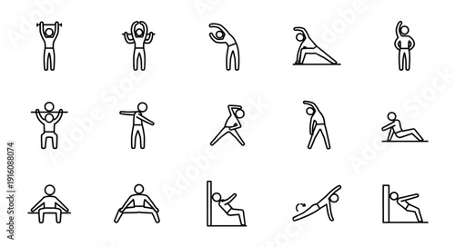 Collection of simple line art icons representing various stretching exercises.