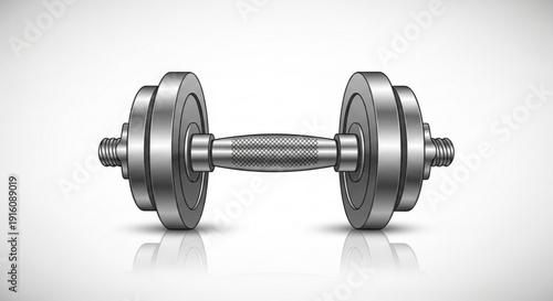 Metal dumbbell with weights on a white background for fitness and workout routines at the gym