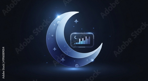 Glowing crescent moon with stars and bar chart on a dark background symbolizing nighttime data analysis and statistics