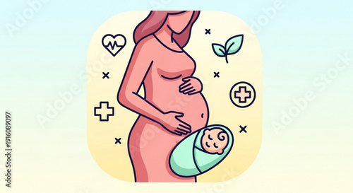 Pregnant woman holding baby wrapped in green blanket with medical symbols around her