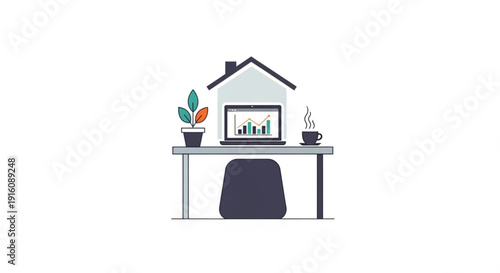 Home office workspace with laptop and house on desk remote work setup with plant and coffee cup