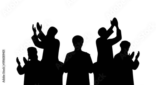 Silhouettes of people with raised hands against a white background