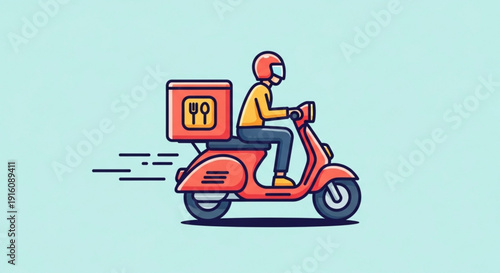 Delivery rider on scooter with food box speeding against light blue background
