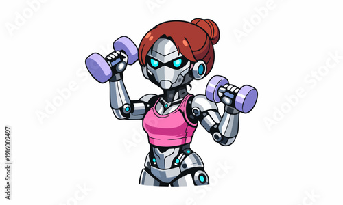 robot lifting dumbbells cartoon illustration