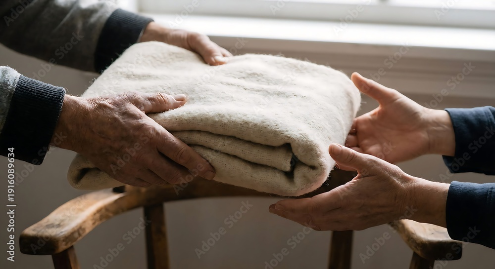 Naklejka premium Hands passing folded blanket in soft window light charity concept