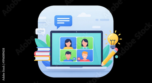 Online learning and teamwork concept with people video conferencing on laptop