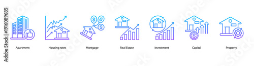 Housing Market Trends web banner icon vector illustration featuring Apartment, Housing Rates, Mortgage, Real Estate, Investment, Capital, and Property.