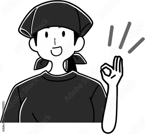 OKサインを出す居酒屋女性店員のイラスト