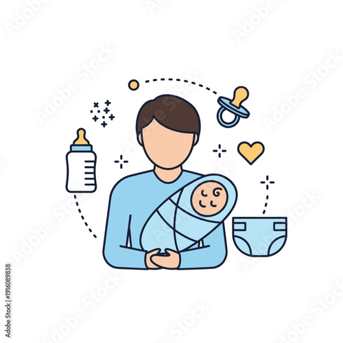 Parent holding newborn baby surrounded by childcare items