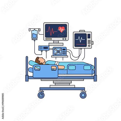 Patient monitored in hospital bed with medical equipment