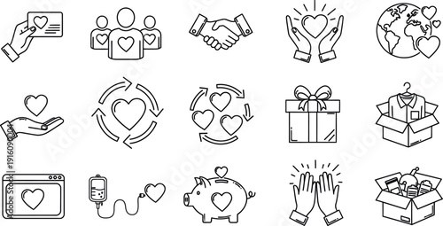Charity and Donation Line Icon Set With Volunteer and Support Symbols