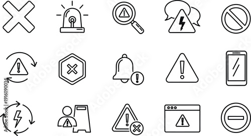 Warning and Alert Outline Icon Set With Hazard and Error Symbols
