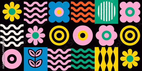 Colorful abstract pattern featuring floral and wave like shapes on black
