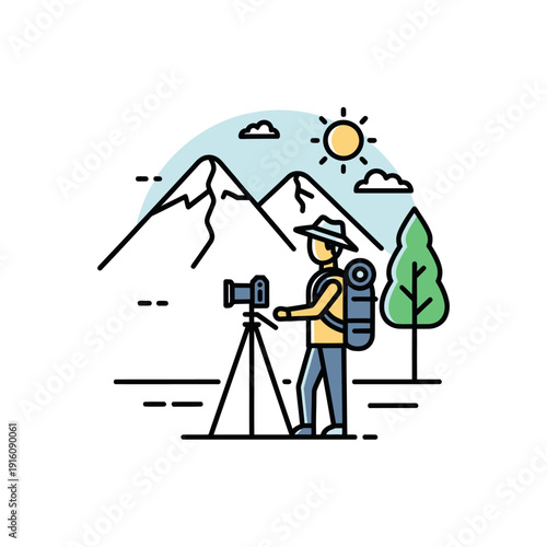 Photographer taking pictures of mountains with camera tripod