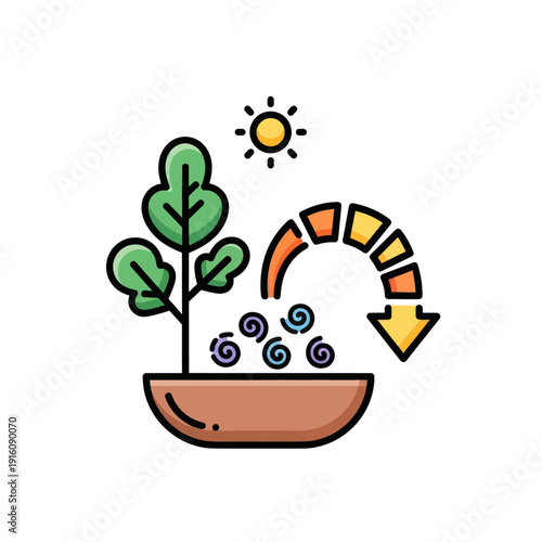 Plant growth cycle icon with sun and fertilizer arrow