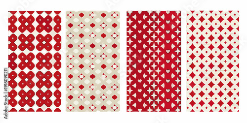 Four patterned fabric swatches in red and beige tones