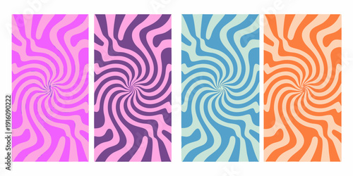 Four vibrant swirling striped rectangles in varying colors