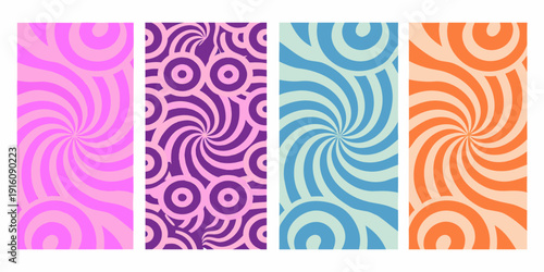 Colorful hypnotic spiral patterns arranged in a vertical repeating sequence