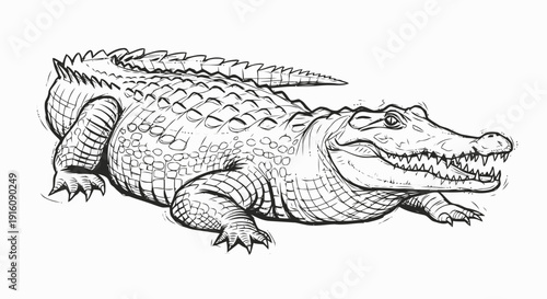 Detailed drawing of a crocodile with sharp teeth.