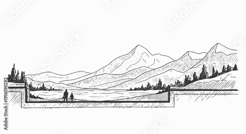 Black and White Mountain Landscape Illustration.