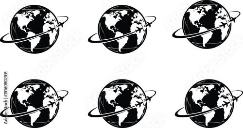 Global Travel and Airplane Around World Globe Icon Set Black and White Aviation Vector Illustration Collection