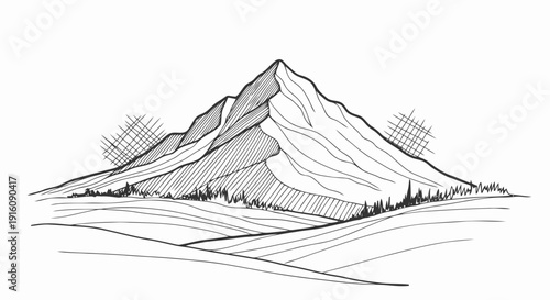 Black and White Mountain Landscape Illustration.