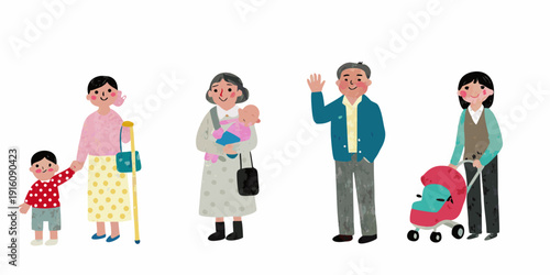 A diverse family illustration featuring multiple generations standing together