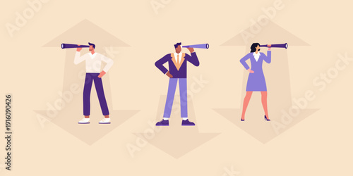 Three business professionals looking through telescopes towards future growth