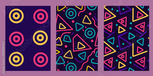 Vibrant geometric patterns circles triangles and wavy lines on dark backgrounds
