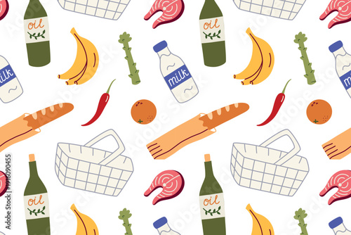 Seamless pattern with grocery items. Shopping basket, fresh food, bananas, bread, milk, salmon, vegetables. Flat vector illustration in cartoon style for retail, supermarket design, culinary themes
