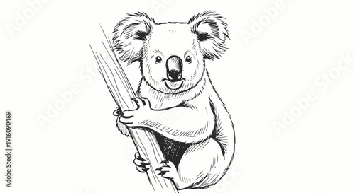 Koala Climbing Tree with Eucalyptus Branch.