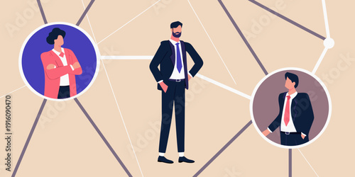 Diverse business professionals connected by a network of lines and circles