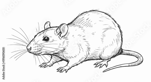 Detailed black and white rat illustration.