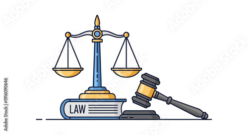 Scales of justice, law book, and gavel symbol