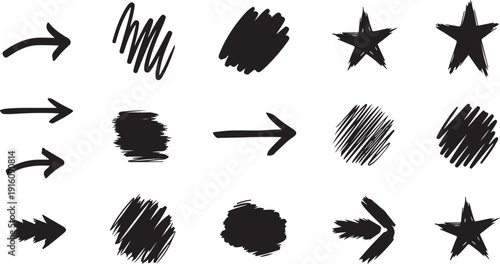 Abstract arrow and shape transformations with varying line textures and fill patterns