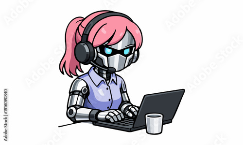 Robot girl at work with laptop cartoon illustration