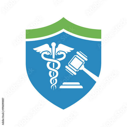 Shield icon with medical Caduceus and legal gavel symbols